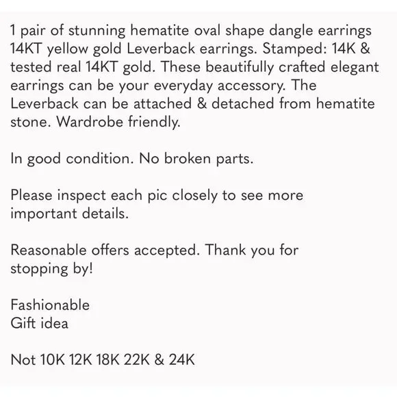 14KT Yellow Gold Hematite Drop Earrings